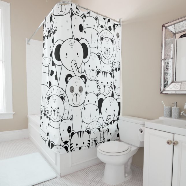 Cute Safari Cartoon Black and White Shower Curtain (In Situ)