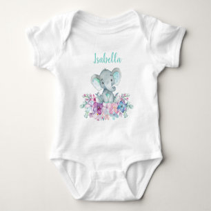 Cute Safari Elephant Floral Watercolor Baby Bodysuit