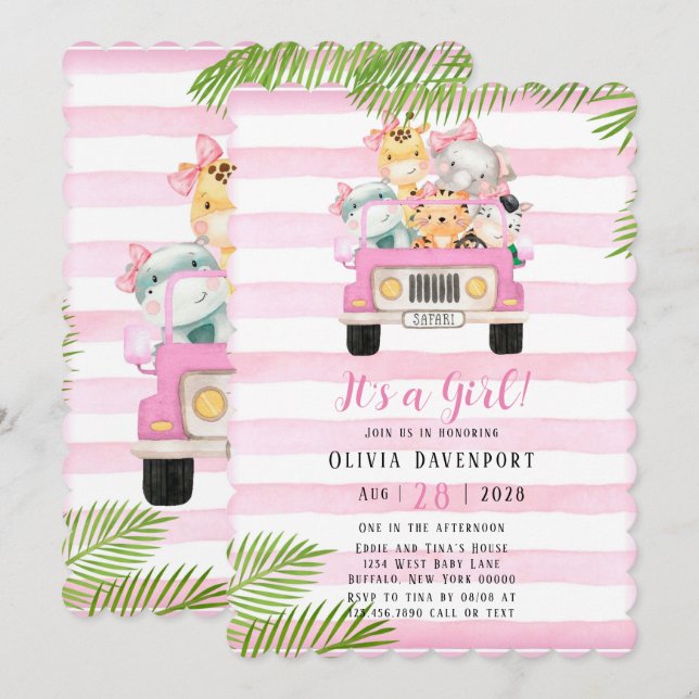 Cute Safari Elephant & Friends Girl Baby Shower  Invitation (Front/Back)