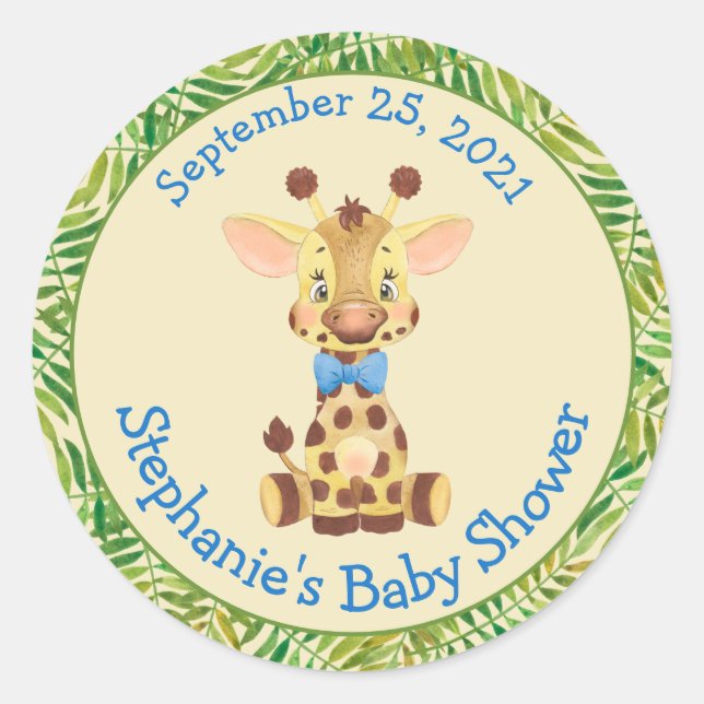 Cute Safari Giraffe Personalised Boy Baby Shower Classic Round Sticker (Front)