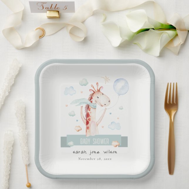 Cute Safari Giraffe Star Cloud Balloon Baby Shower Paper Plate (Wedding)