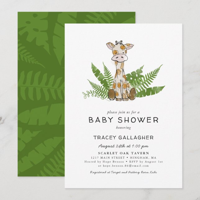 Cute Safari Giraffe with Jungle Leaves Baby Shower Invitation (Front/Back)