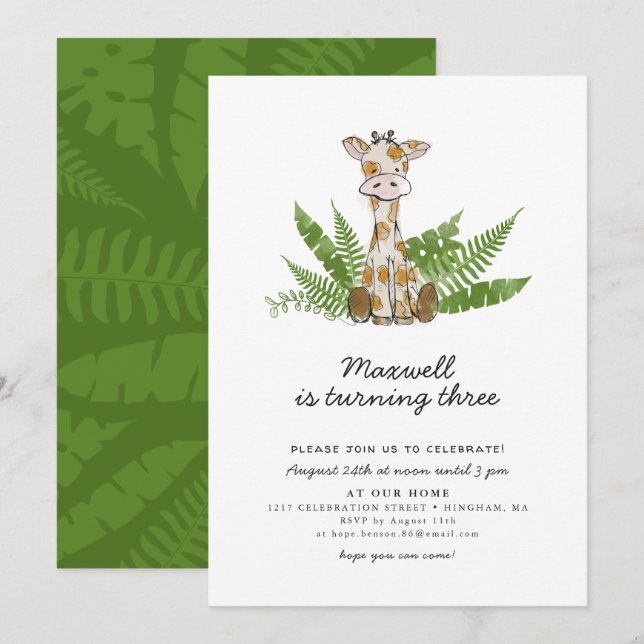 Cute Safari Giraffe with Jungle Leaves Birthday Invitation (Front/Back)