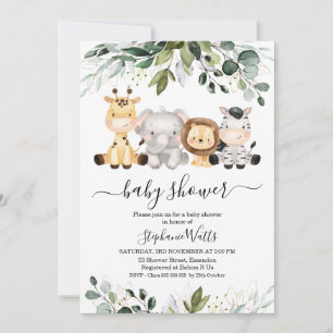 Cute Safari Green Gold Foliage Baby Shower Invitation