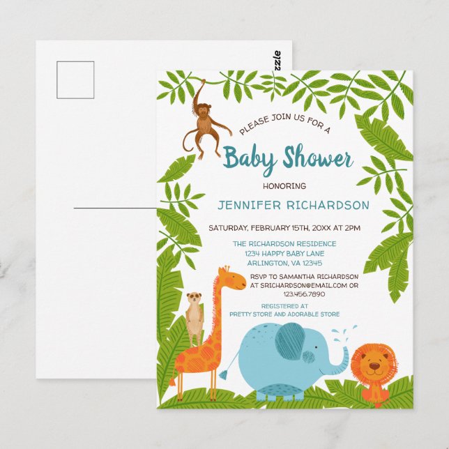 Cute Safari Jungle Animal Baby Shower Invitation Postcard (Front/Back)