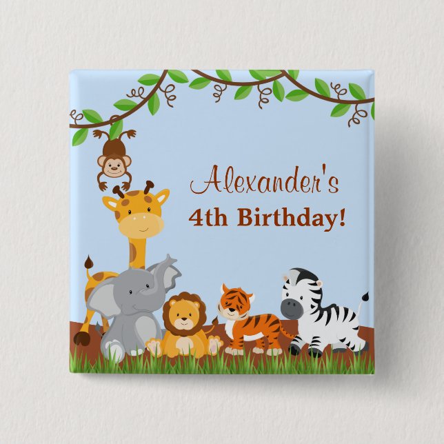 Cute Safari Jungle Animal Boy Birthday Button (Front)
