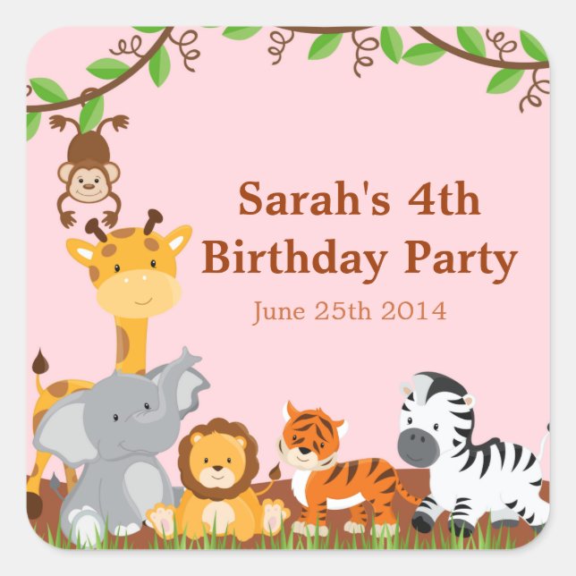 Cute Safari Jungle Animal Girl Birthday Stickers (Front)