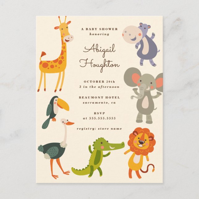 Cute Safari Jungle Animal Themed Baby Shower Invitation Postcard (Front)