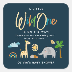 Cute Safari Jungle Animal Wild One Baby Shower Square Sticker
