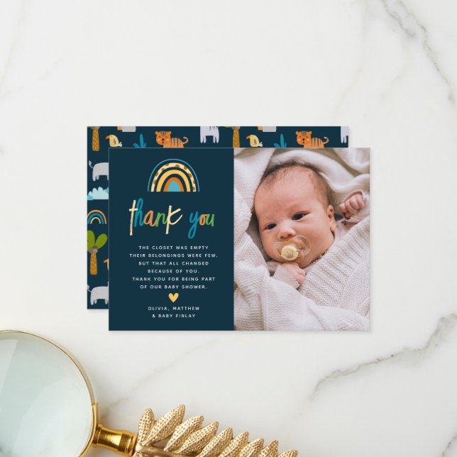 Cute Safari Jungle Animal Wild One Baby Shower Thank You Card (Front/Back In Situ)