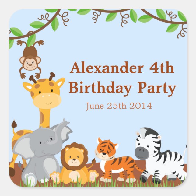 Cute Safari Jungle Animall Boy Birthday Stickers (Front)