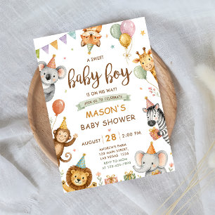 Cute Safari Jungle Animals Baby Boy Shower Invitation