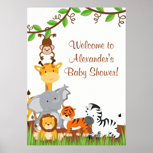 Cute Safari Jungle Animals Baby Boy Shower Poster (Front)