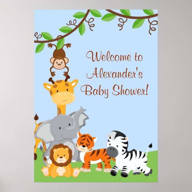 Cute Safari Jungle Animals Baby Boy Shower Poster (Front)