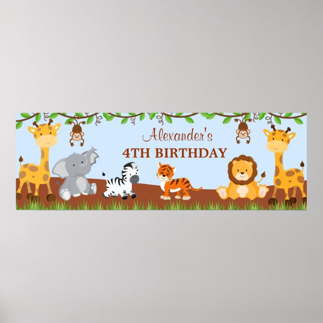 Cute Safari Jungle Animals Birthday Party Banner Poster (Front)