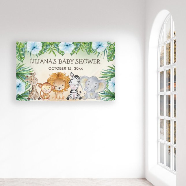 Cute Safari Jungle Animals Boy Baby Shower Banner (Jungle safari baby shower banner)