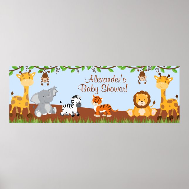 Cute Safari Jungle Animals Boy Baby Shower Banner Poster (Front)