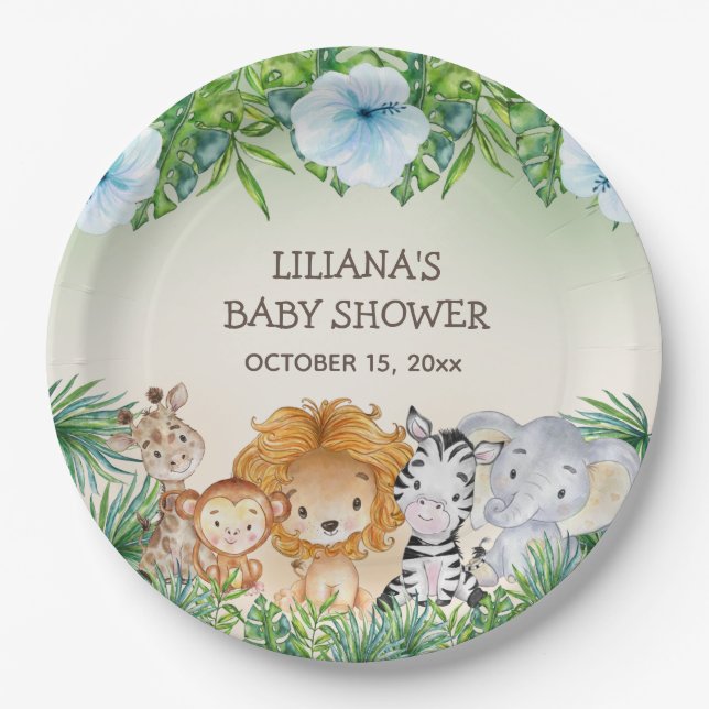 Cute Safari Jungle Animals Boy Baby Shower Paper Plate (Front)
