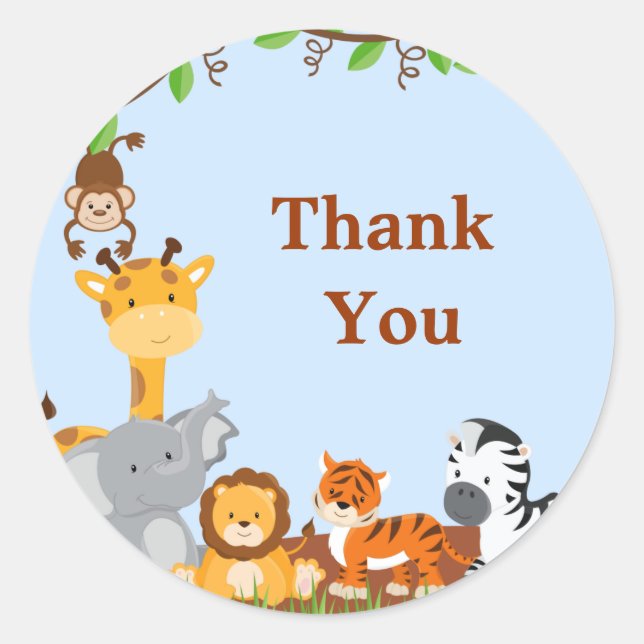 Cute Safari Jungle Animals Boy Thank You Sticker (Front)