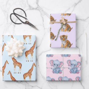 Cute Safari Jungle Animals elephant Tiger Giraffe Wrapping Paper Sheet
