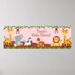 Cute Safari Jungle Animals Girl Baby Shower Banner Poster