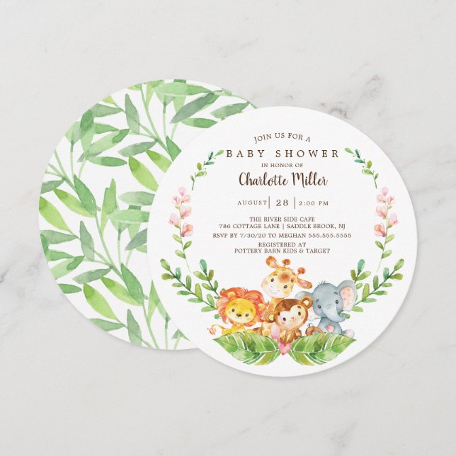 Cute Safari Jungle Animals Girls Baby Shower Invitation (Front/Back)