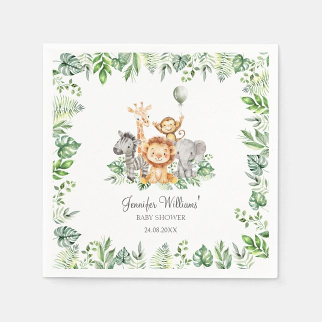 Cute Safari Jungle Animals Greenery Baby Shower Napkin (Front)