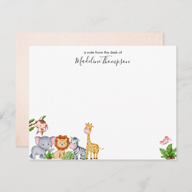 Cute Safari Jungle Animals Kids Elegant Script Card (Front/Back)