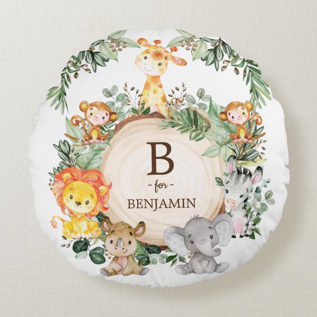 Cute Safari Jungle Animals Monogram Baby Nursery Round Cushion (Front)