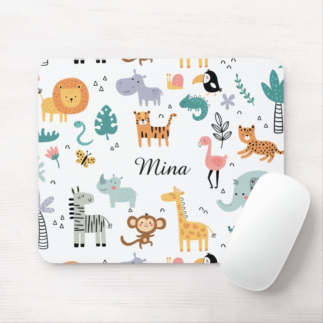 Cute Safari Jungle Animals Personalized Baby Name Mouse Mat (With Mouse)