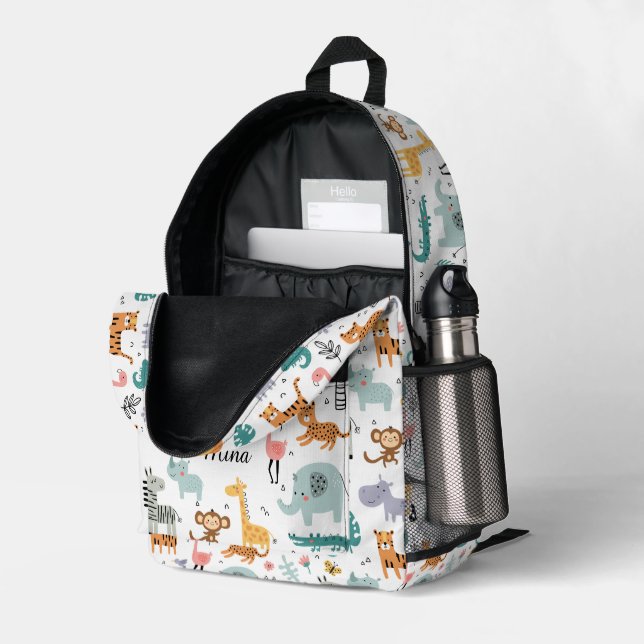 Cute Safari Jungle Animals Personalized Baby Name Printed Backpack (Back Corner Right (Open))