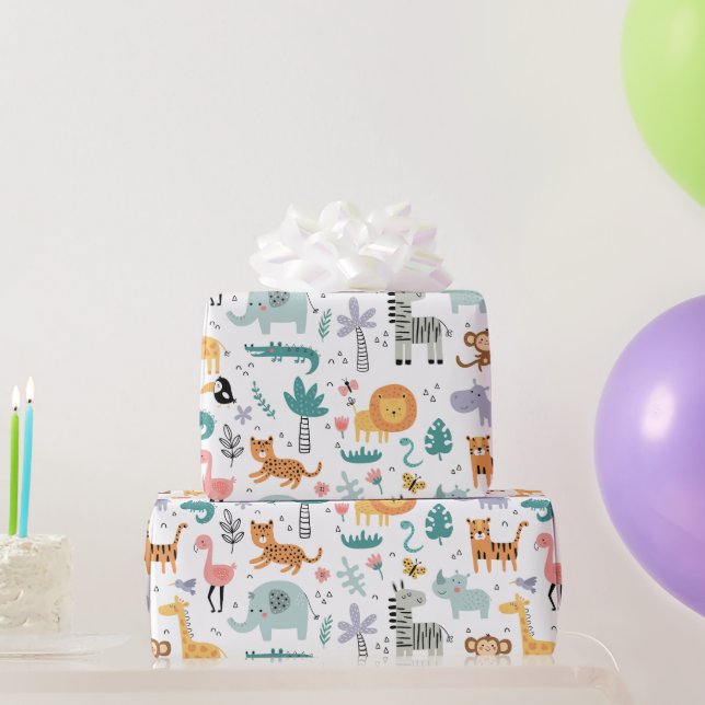 Cute Safari Jungle Animals Personalized Baby Name Wrapping Paper (Party Gifts)