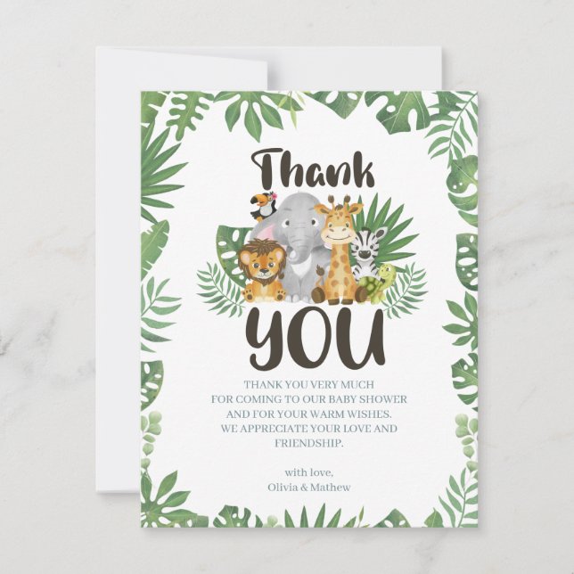 Cute Safari Jungle Baby Animals  Thank You Card (Front)
