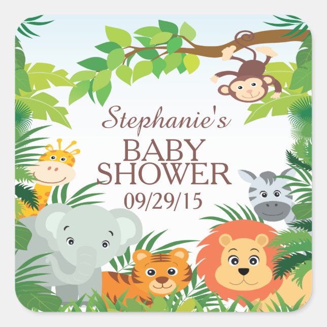 Cute Safari Jungle Baby Shower Favour Sticker (Front)