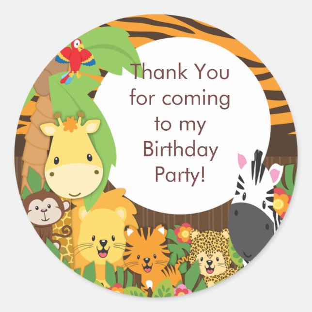 Cute Safari Jungle Birthday Party Classic Round Sticker (Front)