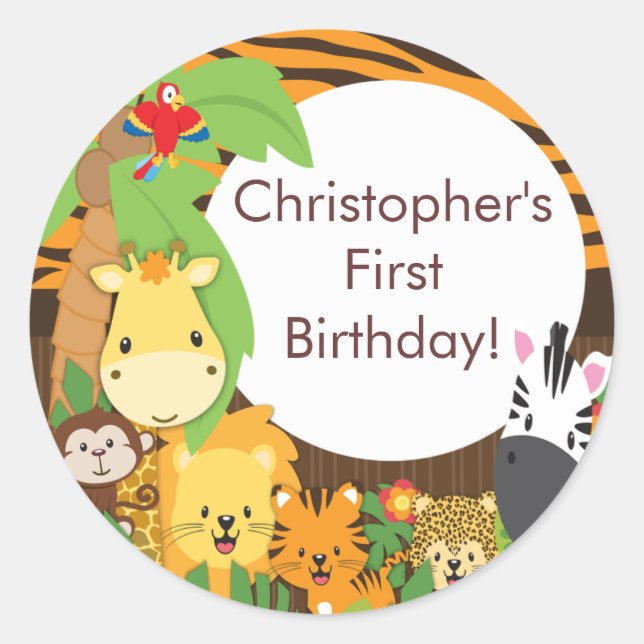 Cute Safari Jungle Birthday Party Classic Round Sticker (Front)