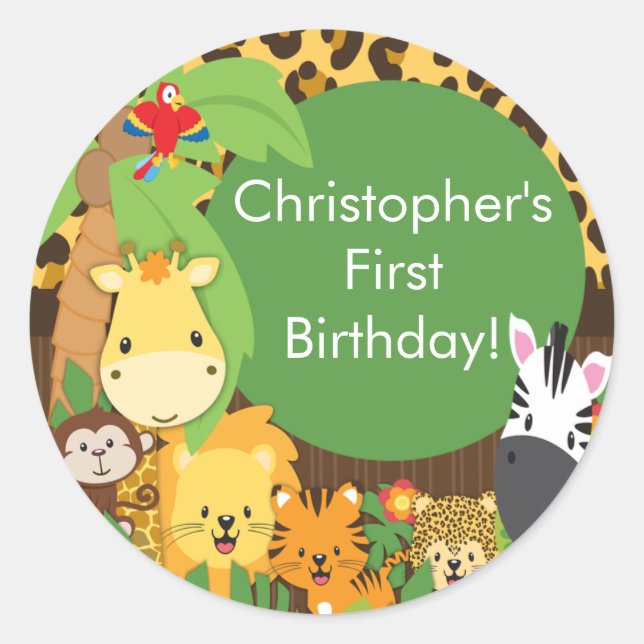 Cute Safari Jungle Birthday Party Classic Round Sticker (Front)