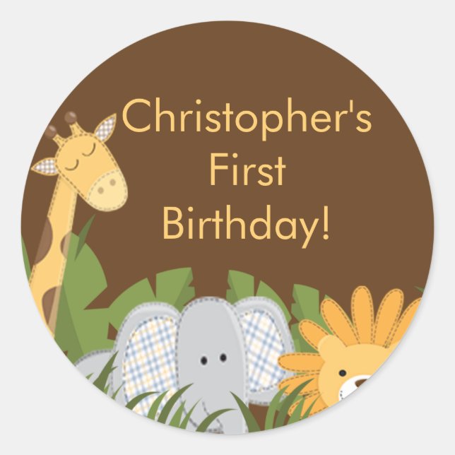 Cute Safari Jungle Birthday Party Classic Round Sticker (Front)