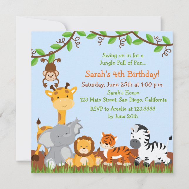Cute Safari Jungle Birthday Party Invitations (Front)