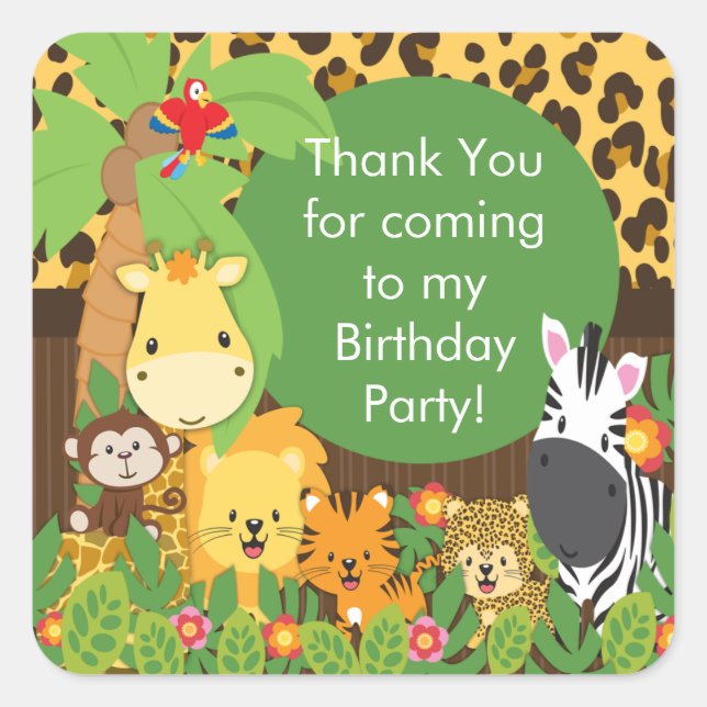 Cute Safari Jungle Birthday Party Square Sticker (Front)