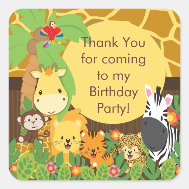 Cute Safari Jungle Birthday Party Square Sticker (Front)