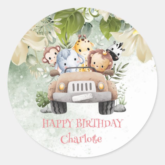 Cute Safari jungle Birthday zoo Race Car party Classic Round Sticker (Front)