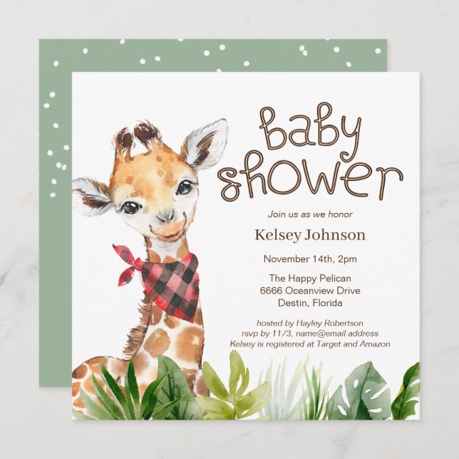 Cute Safari Jungle Giraffe Baby Shower Invitation (Front/Back)