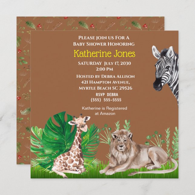 Cute Safari Jungle Lion Giraffe Zebra Baby Shower  Invitation (Front/Back)