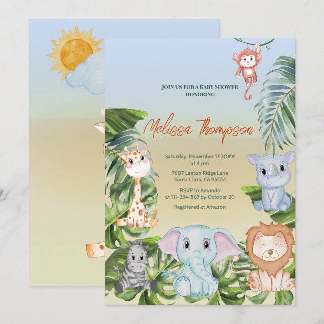 Cute Safari Jungle Little Animals Baby Shower Invitation (Front/Back)