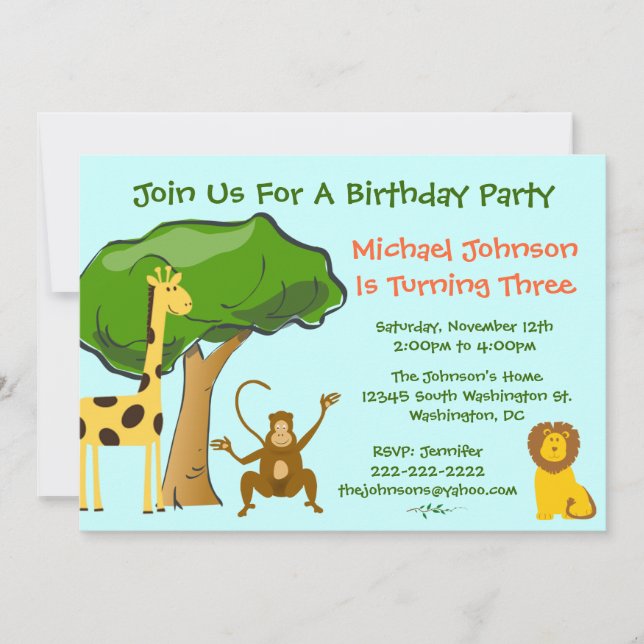 Cute Safari Jungle Zoo Animals Kids Birthday Party Invitation (Front)