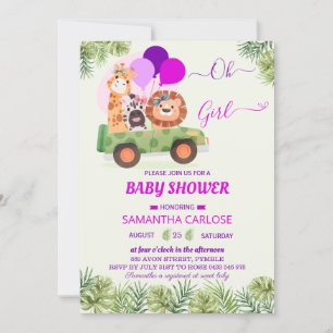 Cute Safari Jungle Zoo girl Baby Shower  Invitation