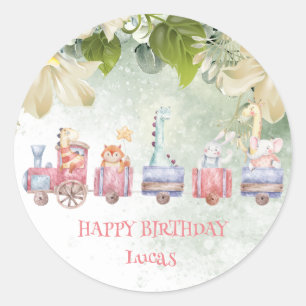 Cute Safari jungle zoo train Birthday party Classic Round Sticker