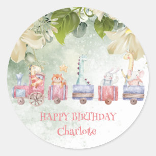 Cute Safari jungle zoo train Birthday party Classic Round Sticker
