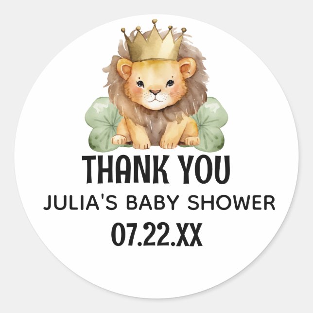 Cute Safari King Lion Baby Shower Thank You Classic Round Sticker (Front)